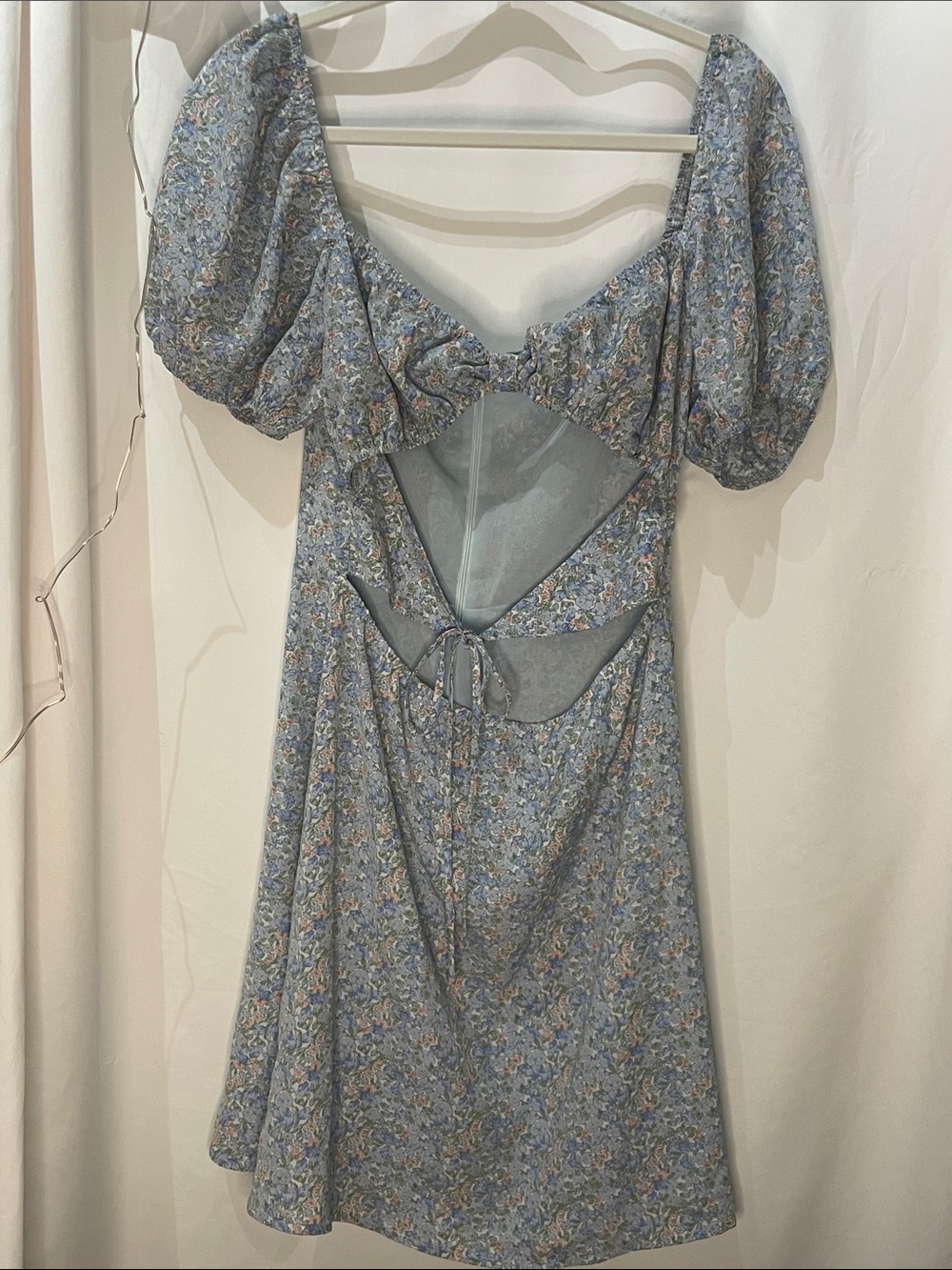 emory park Blue Floral Puff-Sleeve Cutout Dress
